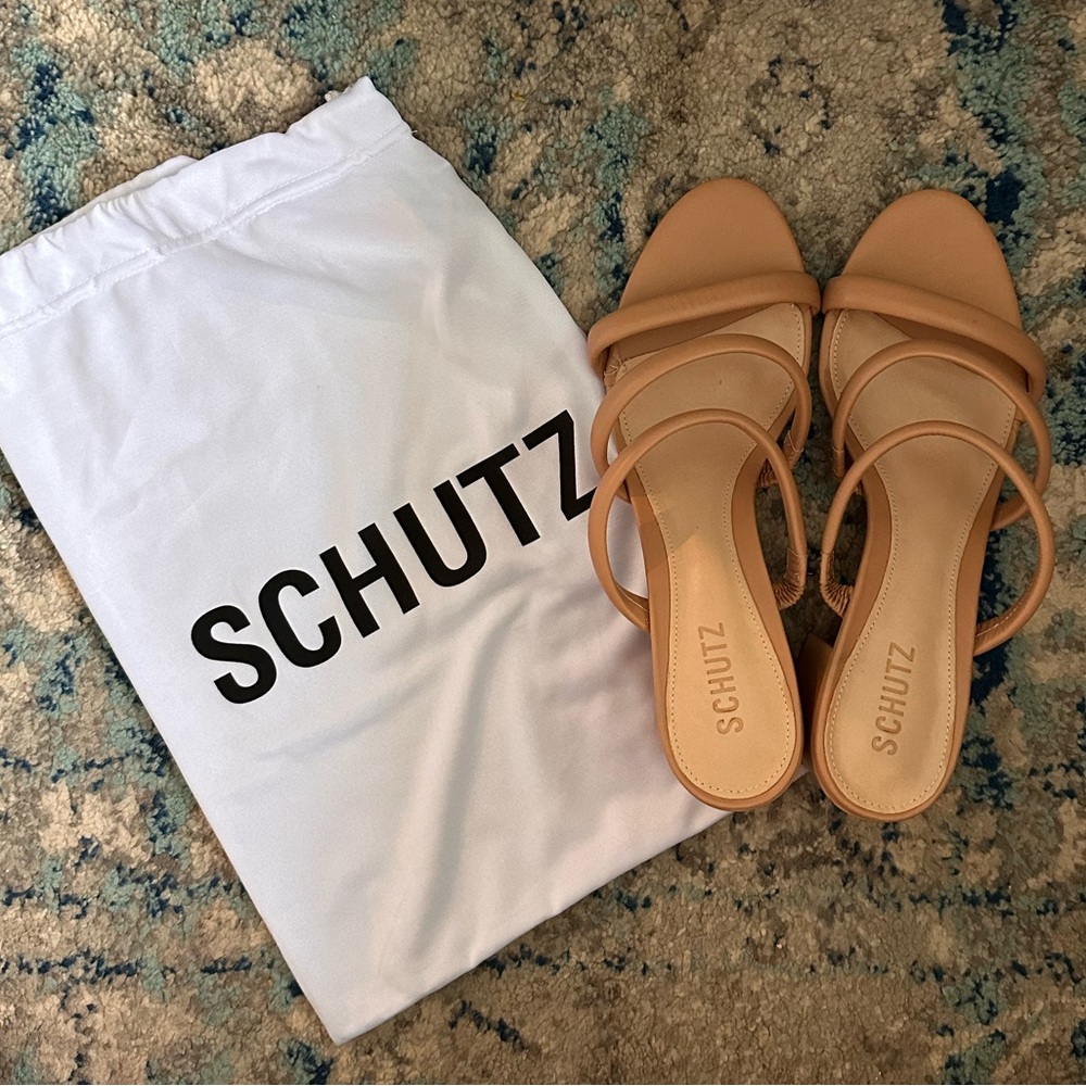 SCHUTZ Tan Triple-Strap Slide Mules